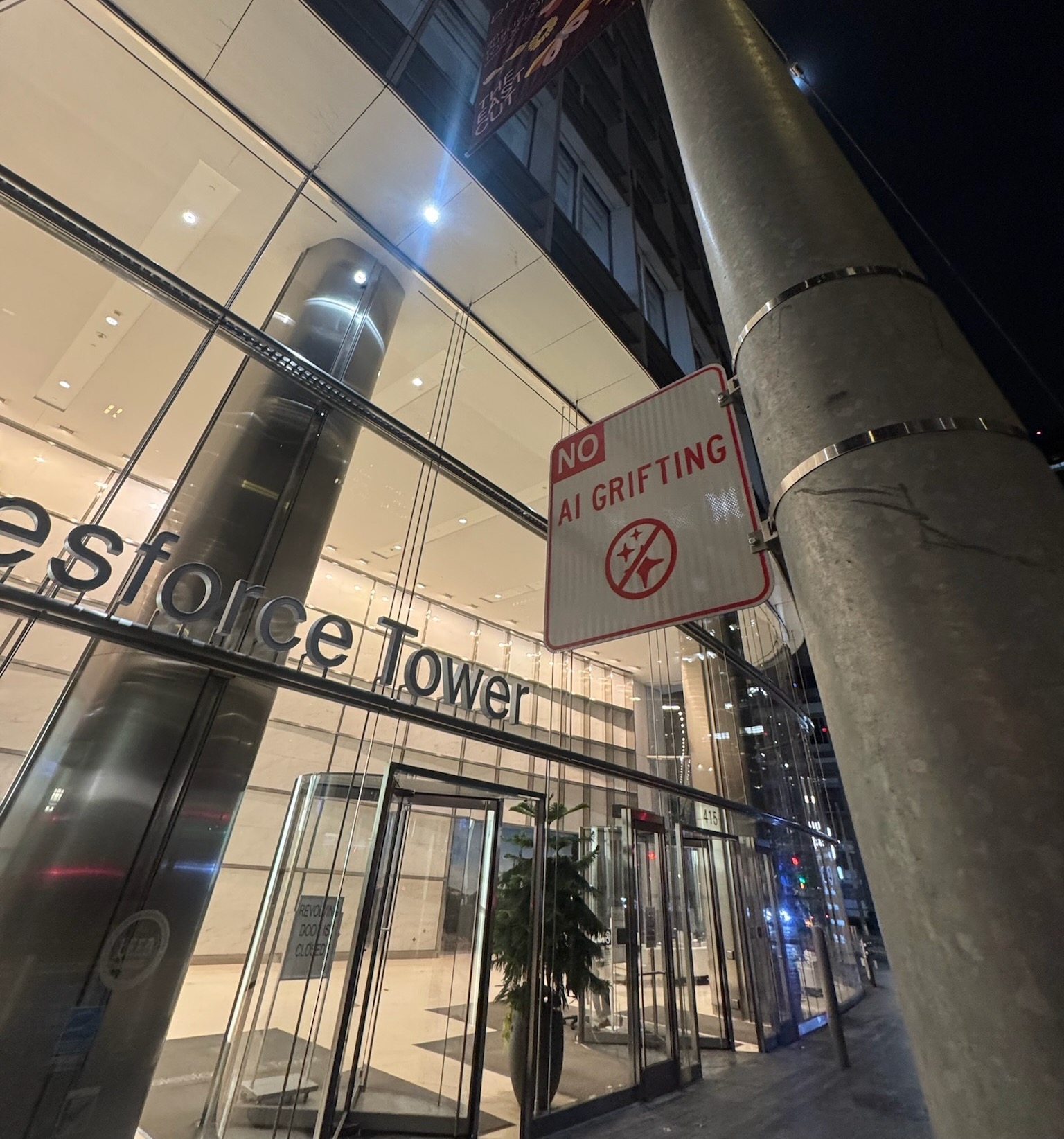 No AI Grifting sign by Salesforce Tower